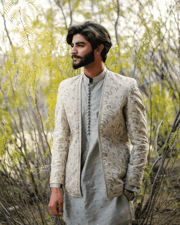 Grey 3-Piece Embroidered Suit with Prince Coat For Men